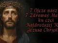 Twarz Jezusa w koronie cierniowej, z krwawymi ranami. Obok napis: "7 Ojcze nasz i 7 Zdrowaś Maryjo ku czci Najdroższej Krwi Jezusa Chrystusa".
