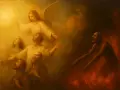 Anioł prowadzi ludzi ku światłu, podczas gdy inna postać cierpi w ogniu po śmierci.