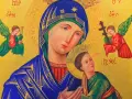 Ikona Matki Bożej rozwiązującej węzły, z aniołami. Wizerunek ten jest symbolem nadziei i wsparcia w trudnych chwilach, jak podczas nowenny rozwiązującej węzły świadectwa.
