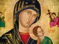 Ikona Matki Bożej z Dzieciątkiem, otoczona aniołami. Wzrok Maryi kieruje się ku górze, jakby w modlitwie porannej do Maryi.