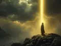 Postać w płaszczu na skale, wpatrzona w niebo, gdzie złoty promień przebija ciemne chmury. Jak w psalm 11, szuka światła pośród burzy.