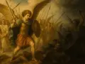 Archanioł Michał z mieczem i tarczą walczy z demonami. Za nim anielska armia.