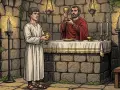 Młody akolita w białej tunice podaje kielich kapłanowi w czerwonej szacie. Scena rozgrywa się w kamiennej krypcie, oświetlonej świecami.