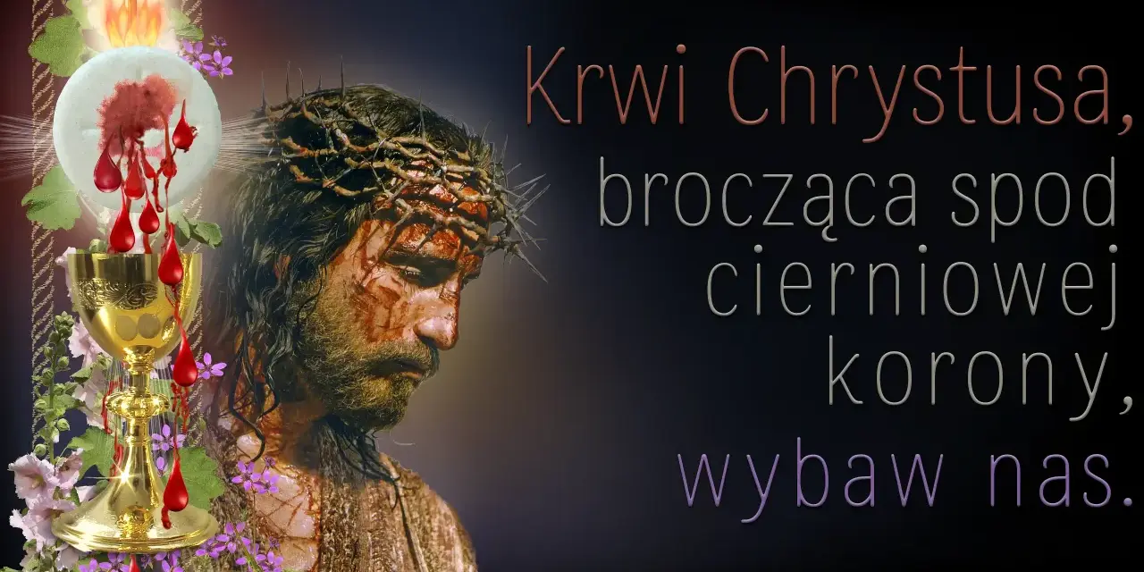 Obraz przedstawia cierpiącego Jezusa w koronie cierniowej, kielich z Krwią Chrystusa i kwiaty. Modlitwa za córkę.