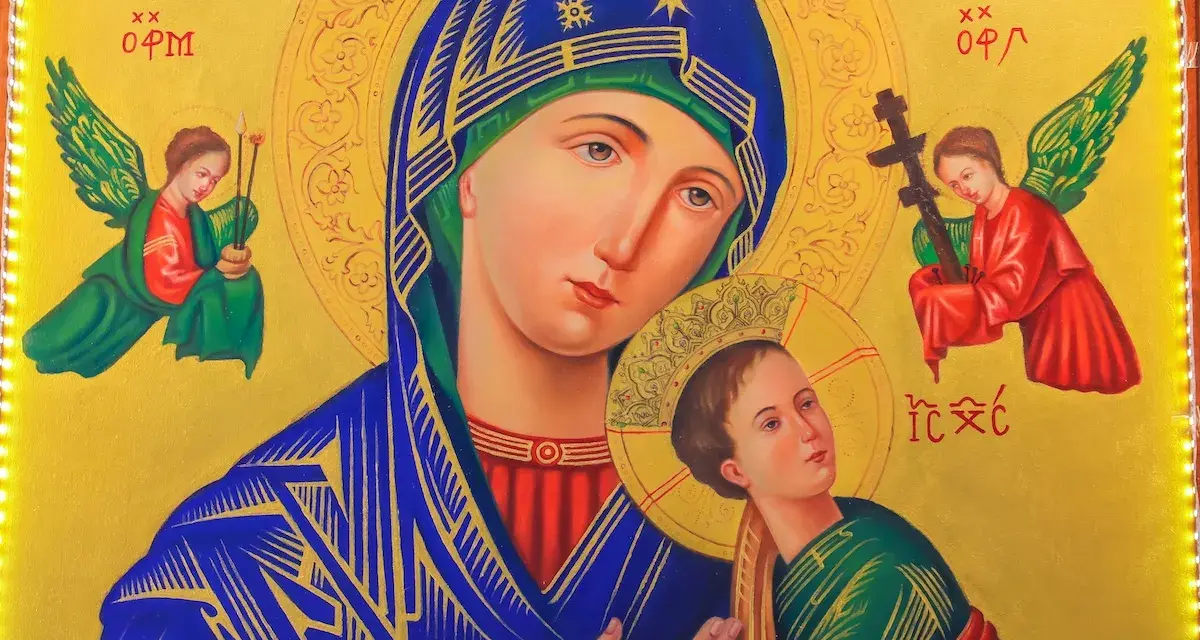 Ikona Matki Bożej rozwiązującej węzły, z aniołami. Wizerunek ten jest symbolem nadziei i wsparcia w trudnych chwilach, jak podczas nowenny rozwiązującej węzły świadectwa.