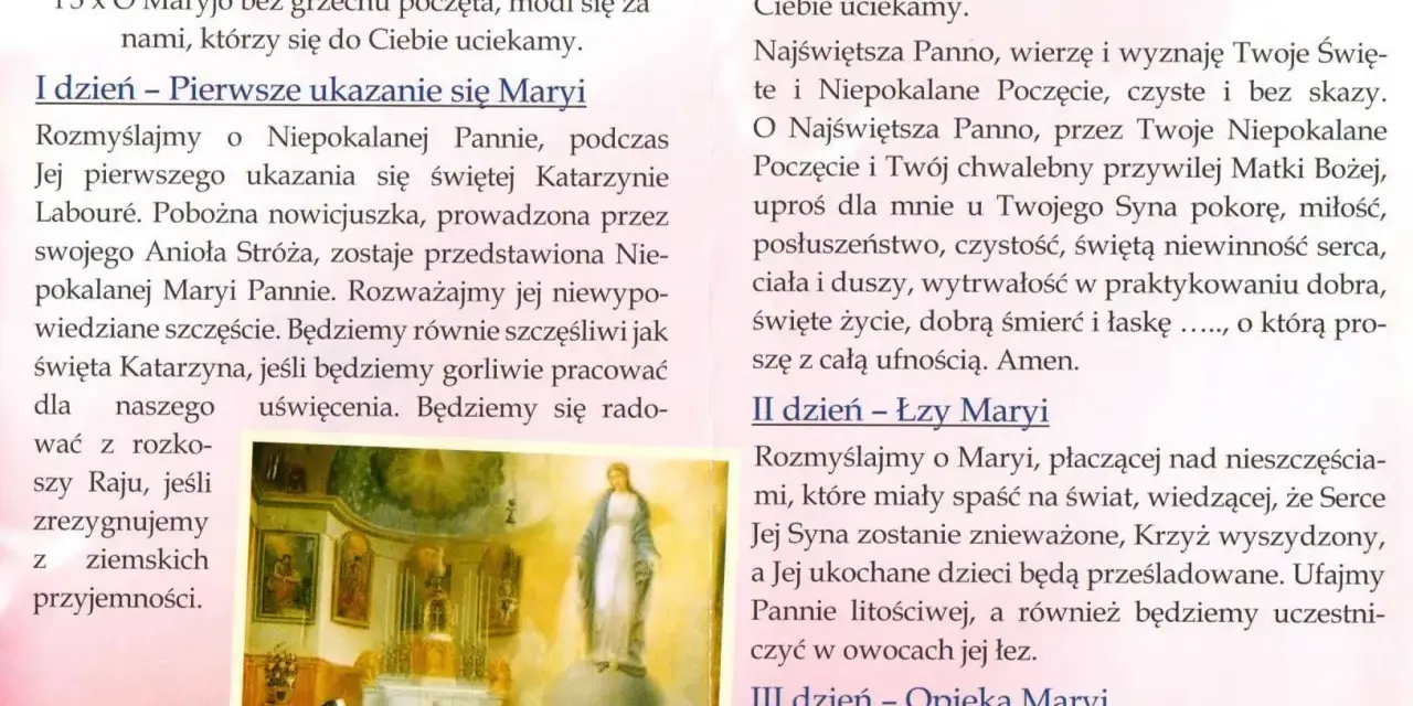 Modlitwa do cudownego medalika: Rozważanie pierwszego dnia nowenny o Niepokalanej Pannie, która ukazuje się św. Katarzynie.