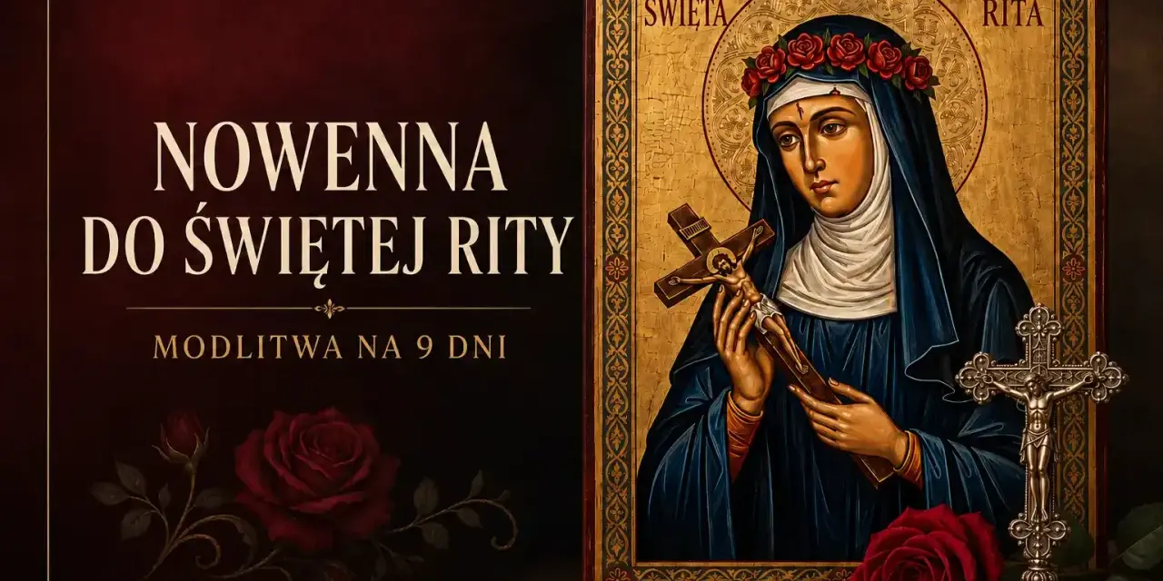 Nowenna do św. Rity, modlitwa na 9 dni. Ikona przedstawia świętą z krzyżem i wieńcem róż.
