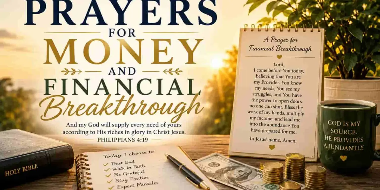 Modlitwa o pieniądze i przełom finansowy. Biblia, pieniądze, monety i notatnik z listą wyborów.