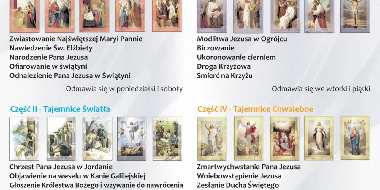 Ilustracje przedstawiają tajemnice różańcowe, od radosnych po chwalebne. Modlitwa fatimska pomaga w ich rozważaniu.