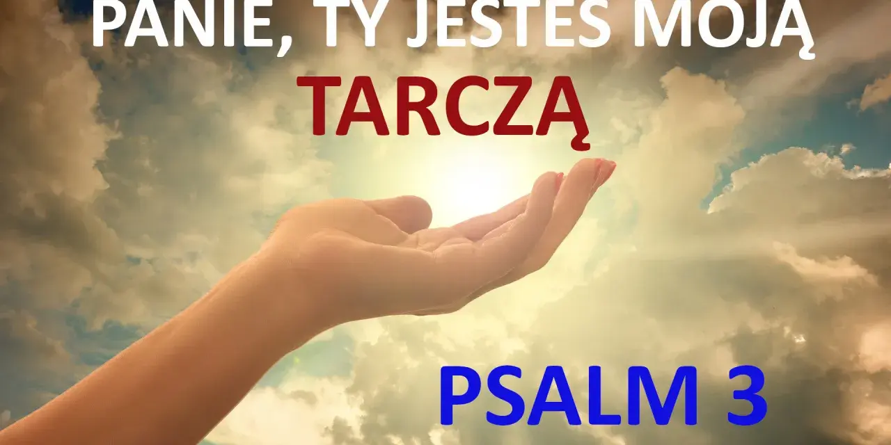 Otwarta dłoń w stronę nieba, gdzie słońce przebija się przez chmury. Napis: "PANIE, TY JESTEŚ MOJĄ TARczą" i "PSALM 3". To fragment pieśni Dawida.