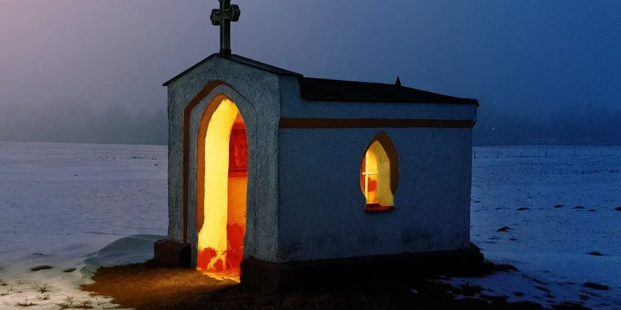 Kapliczka z krzyżem na dachu, oświetlona od środka, w zimowym krajobrazie. Symbol nadziei i religii.