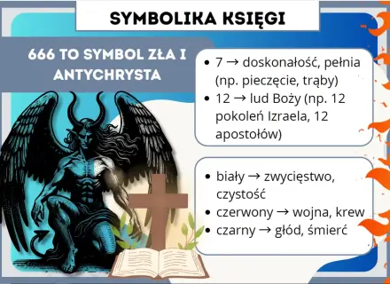 Symbolika z Apokalipsy św. Jana: 666 to znak Antychrysta. Liczby 7 i 12 oznaczają doskonałość i lud Boży. Kolory: biały (zwycięstwo), czerwony (wojna), czarny (śmierć).