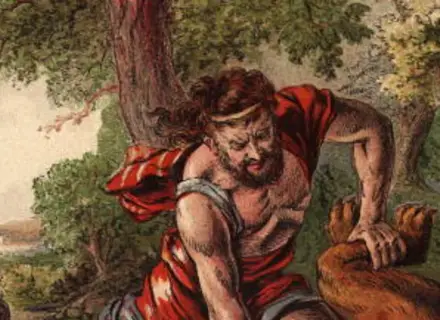 Samson, biblijny siłacz, walczy z lwem w lesie. W tle widać ludzi i krajobraz.