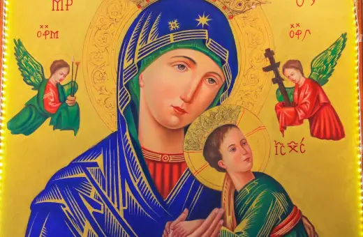 Ikona Matki Bożej rozwiązującej węzły, z aniołami. Wizerunek ten jest symbolem nadziei i wsparcia w trudnych chwilach, jak podczas nowenny rozwiązującej węzły świadectwa.