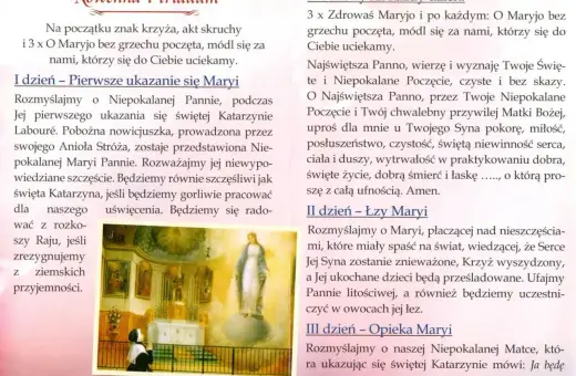 Modlitwa do cudownego medalika: Rozważanie pierwszego dnia nowenny o Niepokalanej Pannie, która ukazuje się św. Katarzynie.