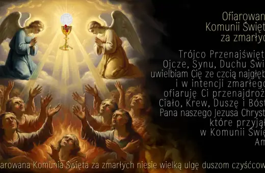 Aniołowie w niebie modlą się za zmarłego syna. Ofiarowanie Komunii Świętej za zmarłych przynosi ulgę duszom.