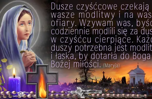 Matka Boska z modlącymi się dłońmi, świeca, różaniec i cmentarz. Wezwanie do modlitwy za dusze w czyśćcu, by dotarły do Boga.