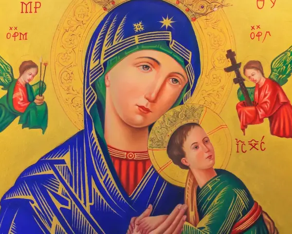 Ikona Matki Bożej rozwiązującej węzły, z aniołami. Wizerunek ten jest symbolem nadziei i wsparcia w trudnych chwilach, jak podczas nowenny rozwiązującej węzły świadectwa.