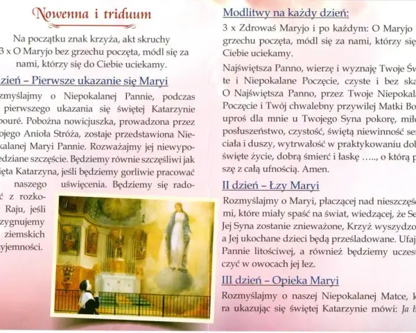 Modlitwa do cudownego medalika: Rozważanie pierwszego dnia nowenny o Niepokalanej Pannie, która ukazuje się św. Katarzynie.