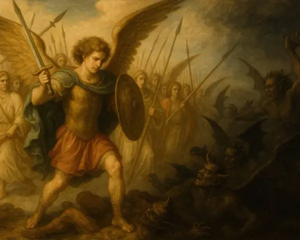 Archanioł Michał z mieczem i tarczą walczy z demonami. Za nim anielska armia.