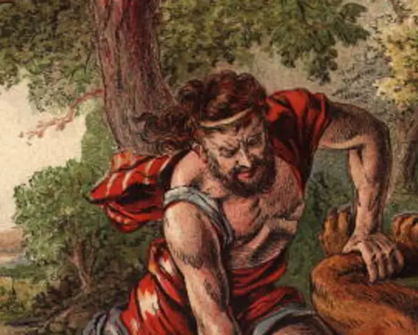 Samson, biblijny siłacz, walczy z lwem w lesie. W tle widać ludzi i krajobraz.