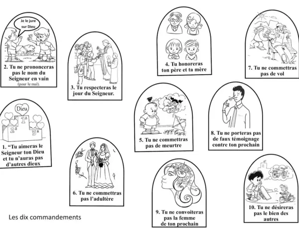 Ilustracje przedstawiające dziesięć przykazań w formie rysunków.
