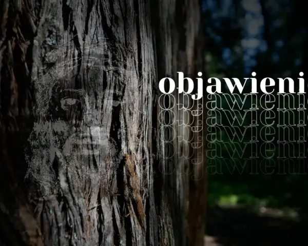 Na pniu drzewa widnieje twarz, jakby objawienie. Obok powtarza się słowo "objawienie?".