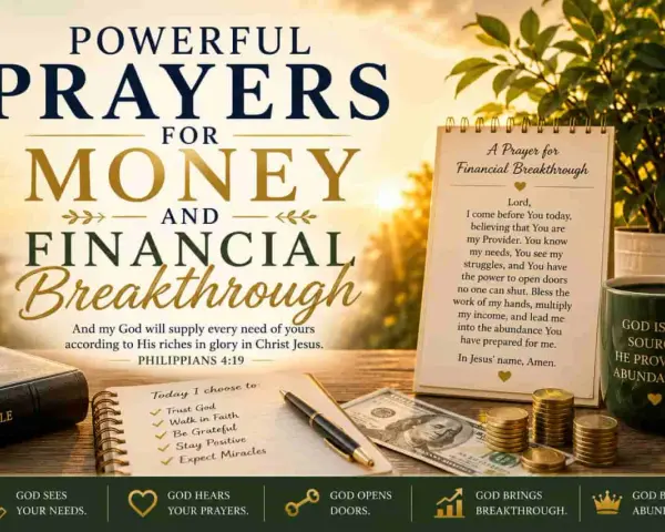 Modlitwa o pieniądze i przełom finansowy. Biblia, pieniądze, monety i notatnik z listą wyborów.