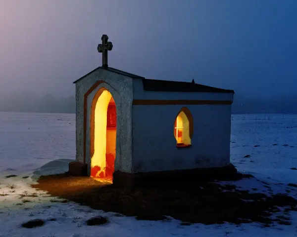 Kapliczka z krzyżem na dachu, oświetlona od środka, w zimowym krajobrazie. Symbol nadziei i religii.