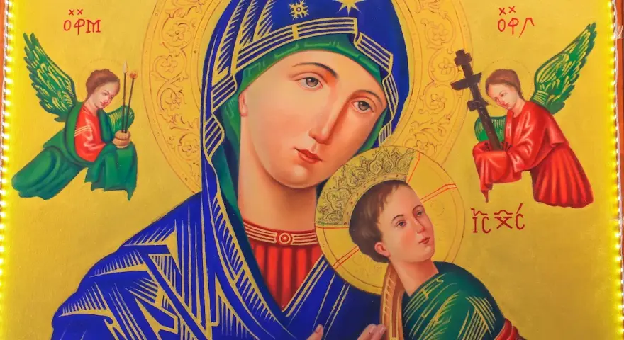Ikona Matki Bożej rozwiązującej węzły, z aniołami. Wizerunek ten jest symbolem nadziei i wsparcia w trudnych chwilach, jak podczas nowenny rozwiązującej węzły świadectwa.