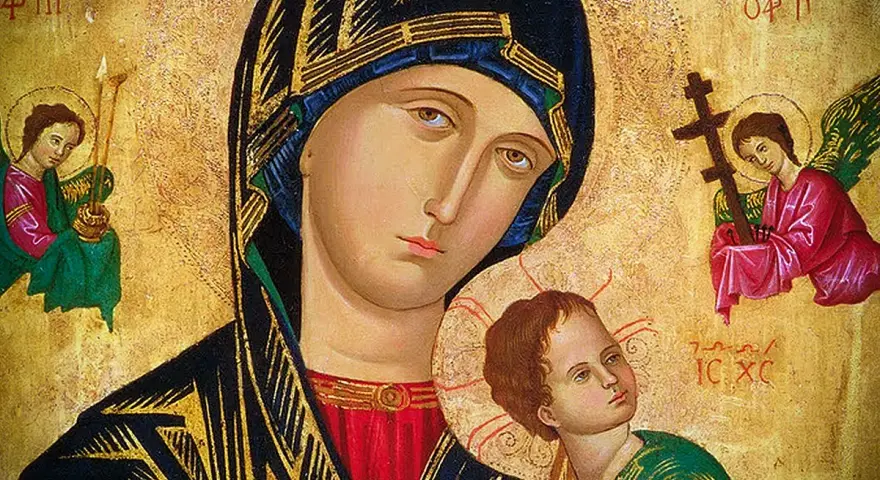 Ikona Matki Bożej z Dzieciątkiem, otoczona aniołami. Wzrok Maryi kieruje się ku górze, jakby w modlitwie porannej do Maryi.