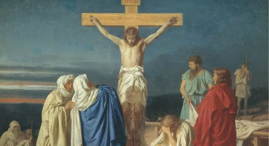 Scena ukrzyżowania Jezusa, nawiązująca do psalm 9. Wokół krzyża zgromadzone postacie, w tym Matka Boska i żołnierze.