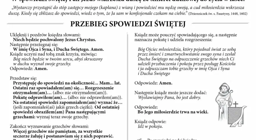 Tekst "spowiedź święta tekst" opisuje przebieg spowiedzi, modlitwy i formuły rozgrzeszenia.
