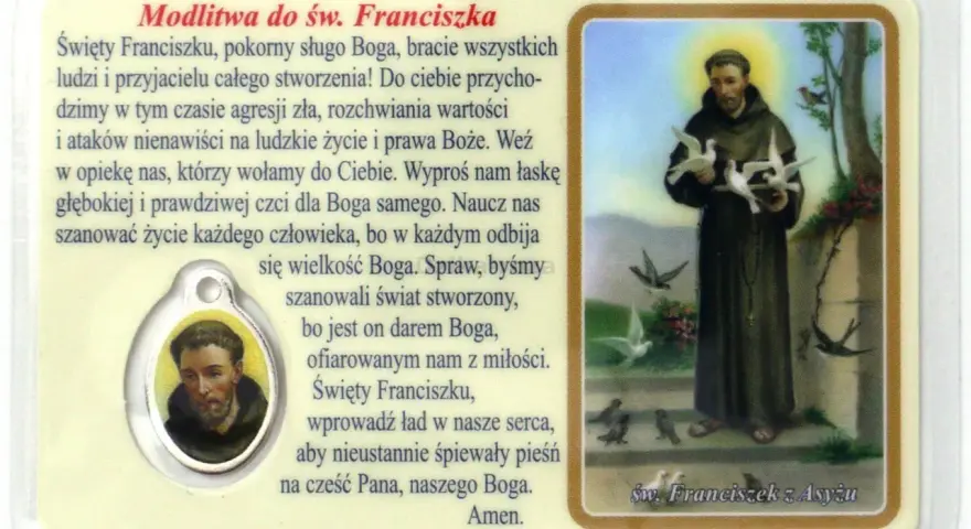 Święty Franciszek z Asyżu trzymający gołębie, z ptakami wokół.