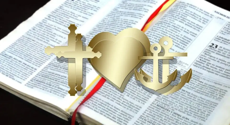 Złoty krzyż, serce i kotwica na otwartej Biblii, przypominające o nadziei i miłości z psalm 136.