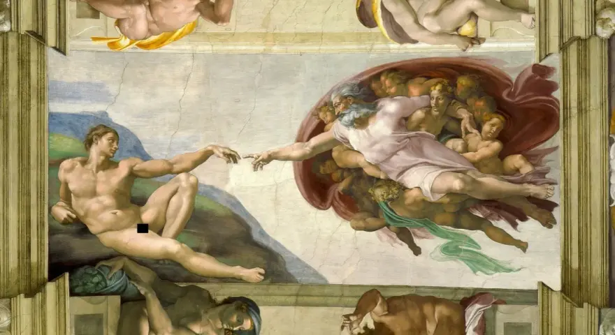 Boski dotyk, iskra życia. Michelangelo ukazuje stworzenie świata, gdy Bóg tchnie życie w Adama.