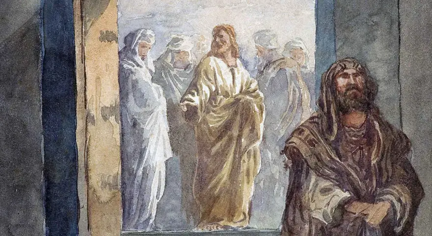 Jezus w złotej szacie przemawia do ludzi, przypominając o głównych prawdach wiary. Obok stoi mężczyzna w brązowym płaszczu.