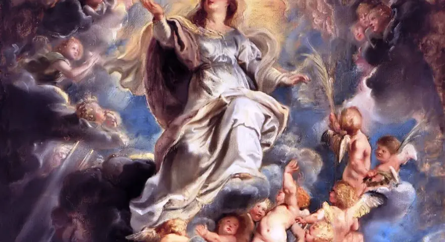 Wniebowzięcie Najświętszej Maryi Panny wśród aniołów i chmur. Jej postać otoczona jest blaskiem, a wokół niej unoszą się liczne putta.