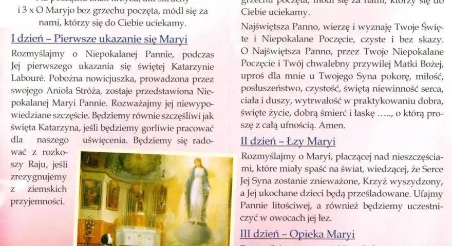 Modlitwa do cudownego medalika: Rozważanie pierwszego dnia nowenny o Niepokalanej Pannie, która ukazuje się św. Katarzynie.