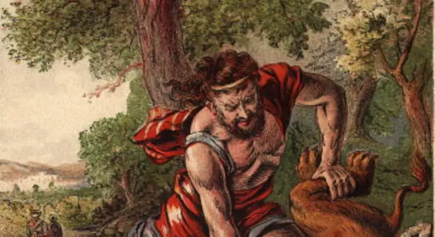 Samson, biblijny siłacz, walczy z lwem w lesie. W tle widać ludzi i krajobraz.