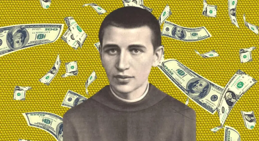 Wenanty Katarzyniec w otoczeniu spadających dolarów, symbolizujących modlitwę o pomoc finansową.