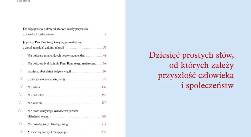 Spis treści z Dekalogiem i cytatem "Dziesięć prostych słów, od których zależy przyszłość człowieka i społeczeństw".