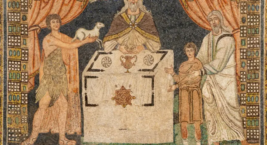 Melchizedek, król Salemu, ofiaruje chleb i wino. Obok niego młody człowiek z barankiem, a po drugiej stronie starszy mężczyzna z chłopcem.
