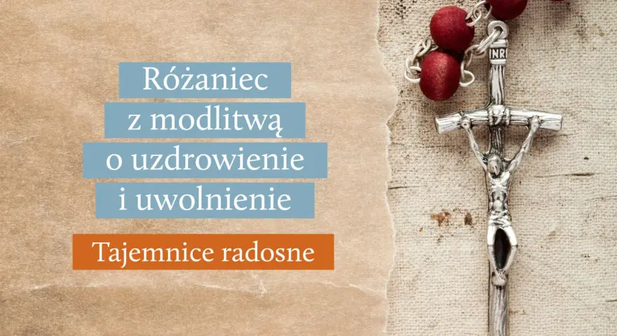 Różaniec z czerwonymi paciorkami i srebrnym krzyżem, z tekstem "Różaniec z modlitwą o uzdrowienie i uwolnienie. Tajemnice radosne".