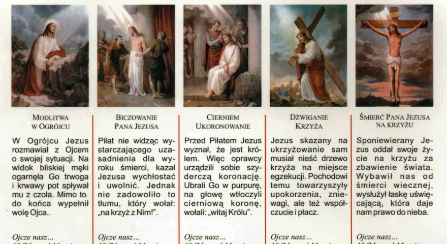 Obraz przedstawia pięć scen z życia Jezusa, ilustrujących tajemnice bolesne: modlitwę w Ogrójcu, biczowanie, ukoronowanie cierniem, dźwiganie krzyża i śmierć na krzyżu.