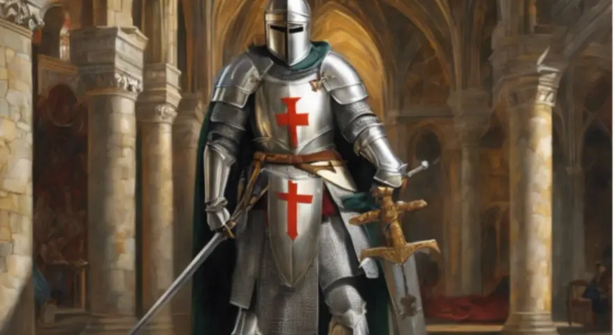 Rycerze Chrystusa w lśniących zbrojach, z mieczami i tarczami, stoją w majestatycznej katedrze.