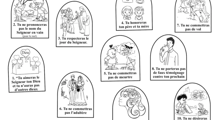 Ilustracja przedstawia 10 przykazań bożych oryginalne, z prostymi rysunkami ilustrującymi każde z nich.