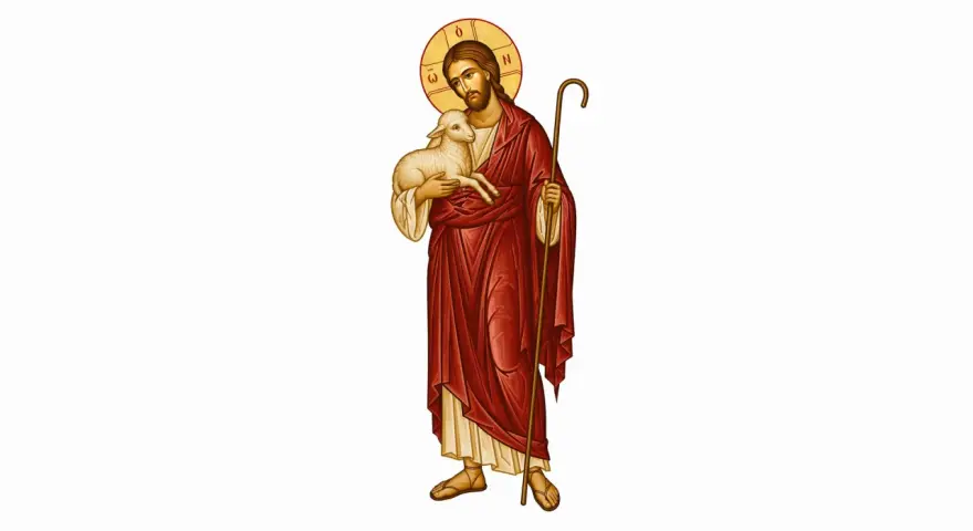 Jezus dobry pasterz, trzymający na rękach jagnię i laskę pasterską. Wokół głowy ma złoty nimb.