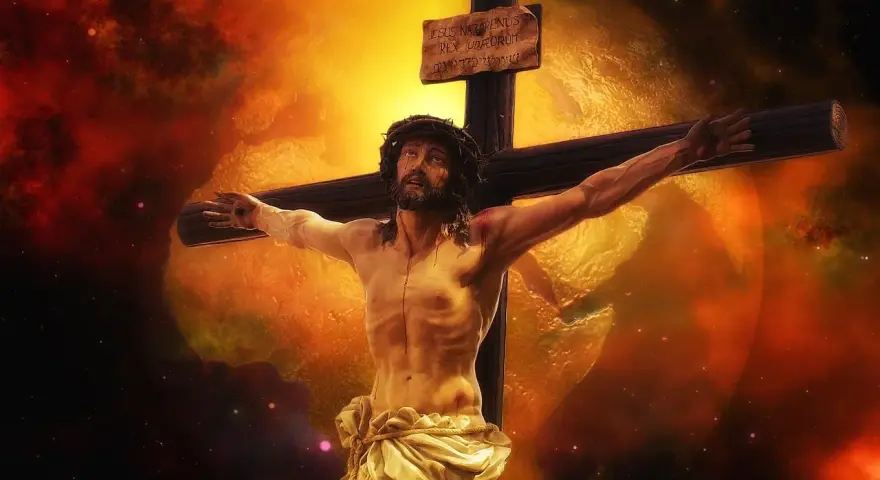 Chrystus na krzyżu, w koronie cierniowej, z tabliczką INRI. Tło kosmiczne, przypominające o wieczności i psalm 23 tekst oryginalny.