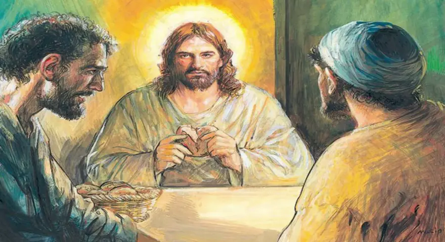 Jezus w Emaus łamie chleb z uczniami. Wokół niego złota poświata.